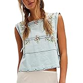 OFSOAK Womens Side Tie Tank Tops Summer Floral Embroidered Sleeveless Square Neck Boho Babydoll Casual Camisole Shirt