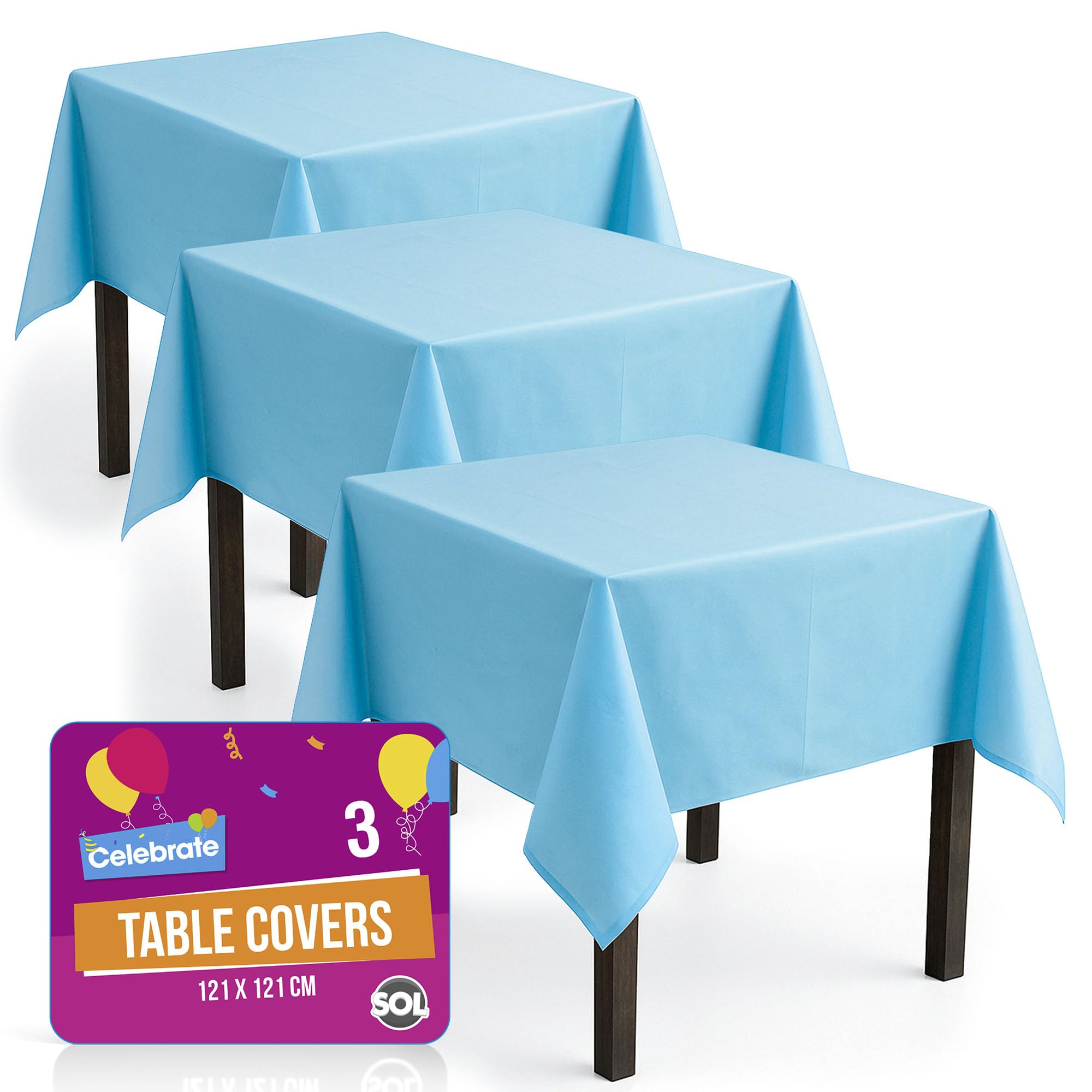 SOL 3pk Blue Table Cloths Party 121x121cm Reusable Plastic Tablecloth Table Cover - Heavy Duty Spill Protection - Opaque Design for Weddings, Buffets, Catering, Outdoor Events & Theme Parties