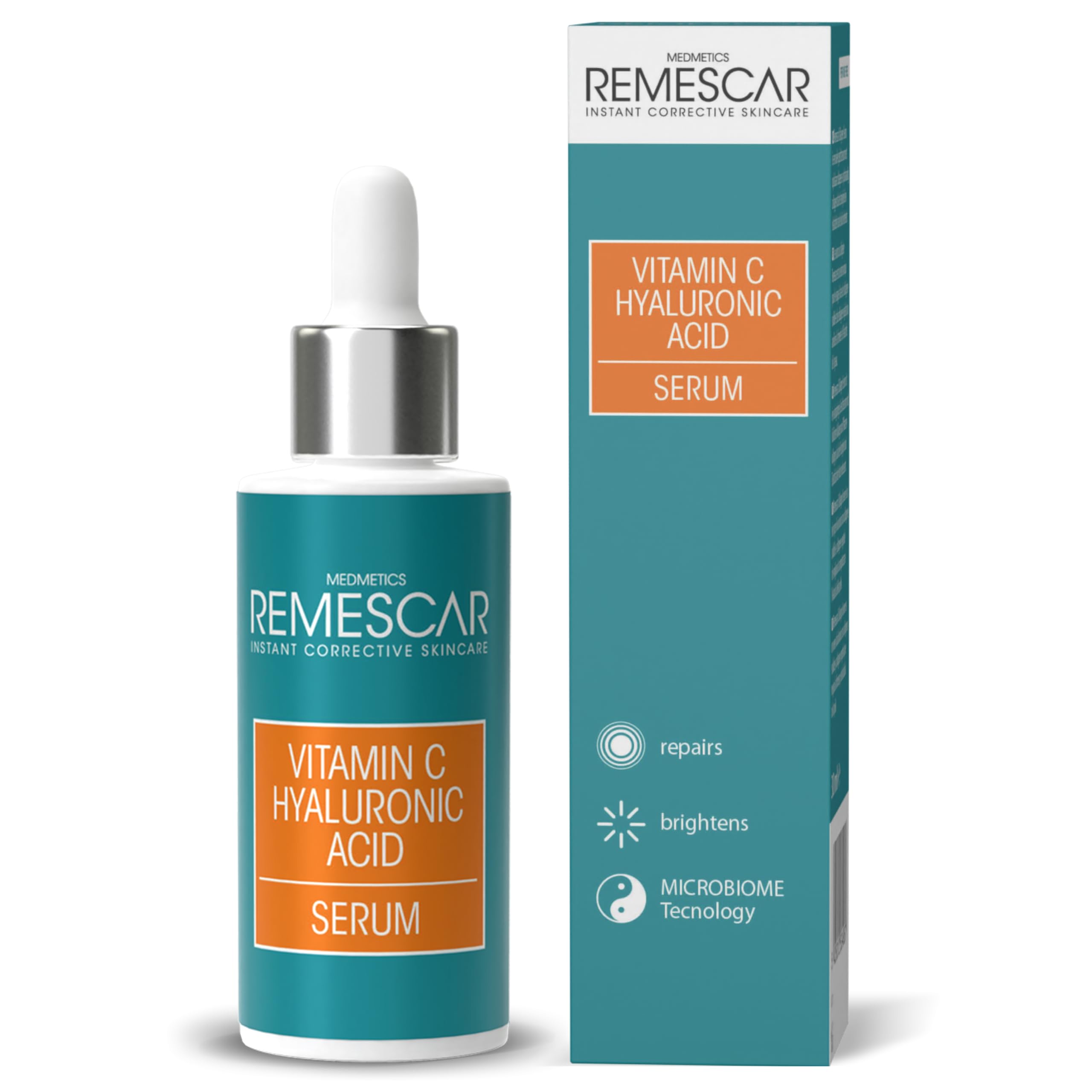Remescar Vitamin C & Hyaluronic Acid Serum 30ml – Collagen Boosting Serum with Microbiome Technology – Intense Hydration for Smooth & Firm Skin