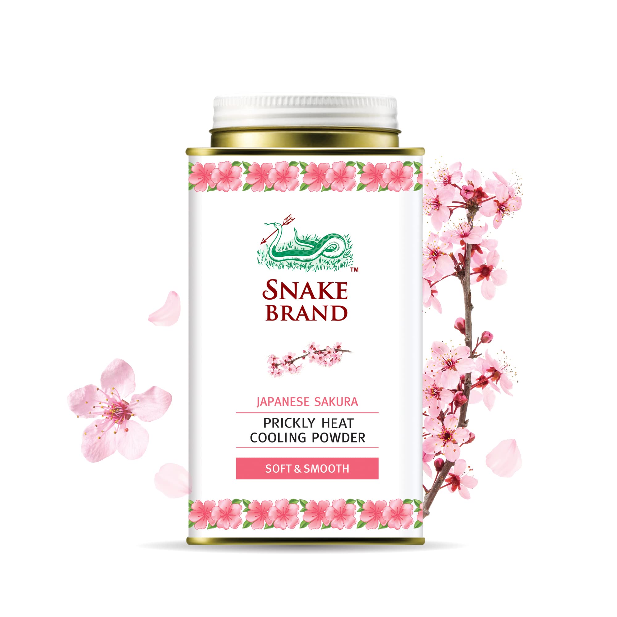 Snake Brand Prickly Heat Cooling Powder for Everyday Use - Anti-Chafing, Heat Rash Relief, Soft Sakura Scent (4.9 Oz / 140g)