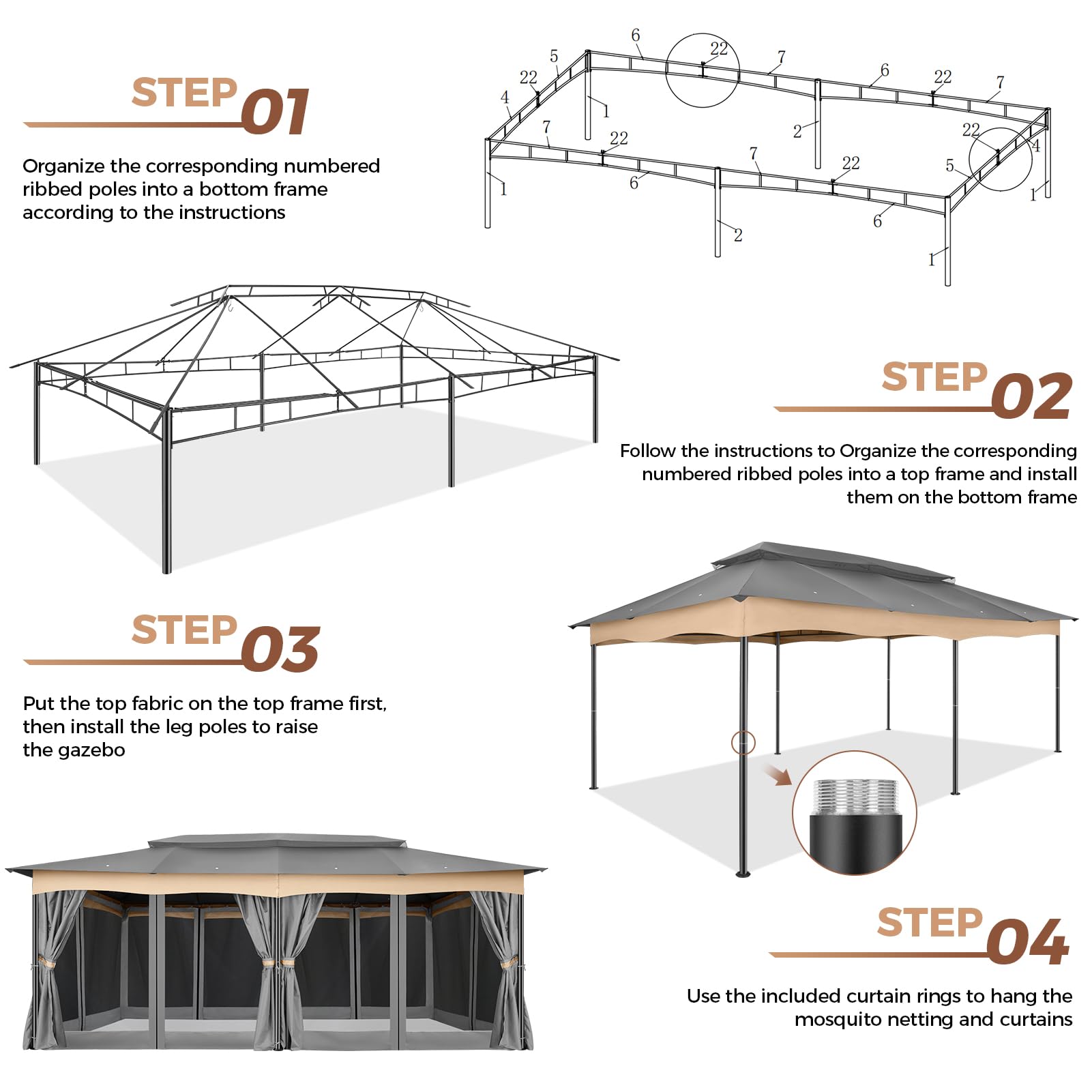 Photo 1 of ** VERY USED ** COBIZI Gazebo 12x20 Heavy Duty Gazebos with Improved Nettings Outdoor Gazebo Canopy Double Roof Patio Gazebos with Metal Steel Frame for Patio, Deck, Backyard (Gray)