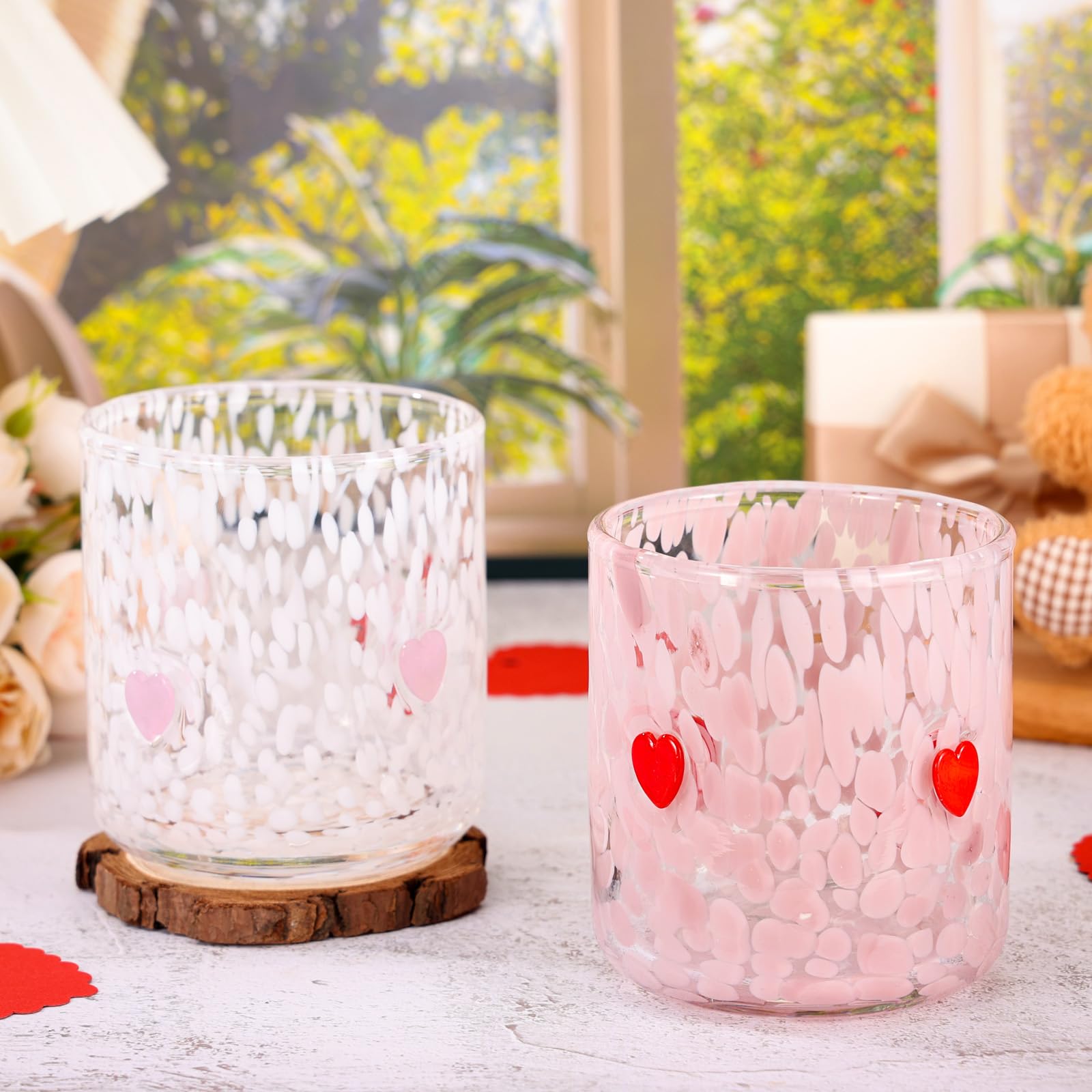 Photo 1 of Booson 2 Pcs Heart Icon Juice Glasses Valentine's Day Stemless Glass Cups 14oz Pink Red Heart Juice Glasses Set for Engagement Weddings Anniversaries Romantic Gifts