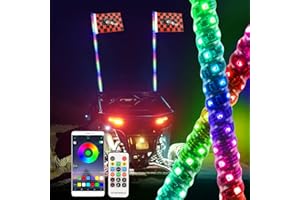 LED Whip Lights W/Flag 2Pcs 3ft (0.9M) APP + Remote Comtrol 360 Chasing Color RGB 5050 Light Antenna Whips for Utv ATV Buggy 