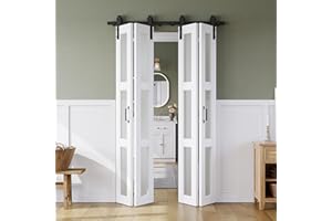 SMARTSTANDARD 56in x 84in Bifold Barn Door, Frosted Glass Barn Door with Hardware Kit Included, Pre-Drilled Holes Easy Assembly -Solid Barn Doors Slab Covered with Water-Proof PVC Surface, White