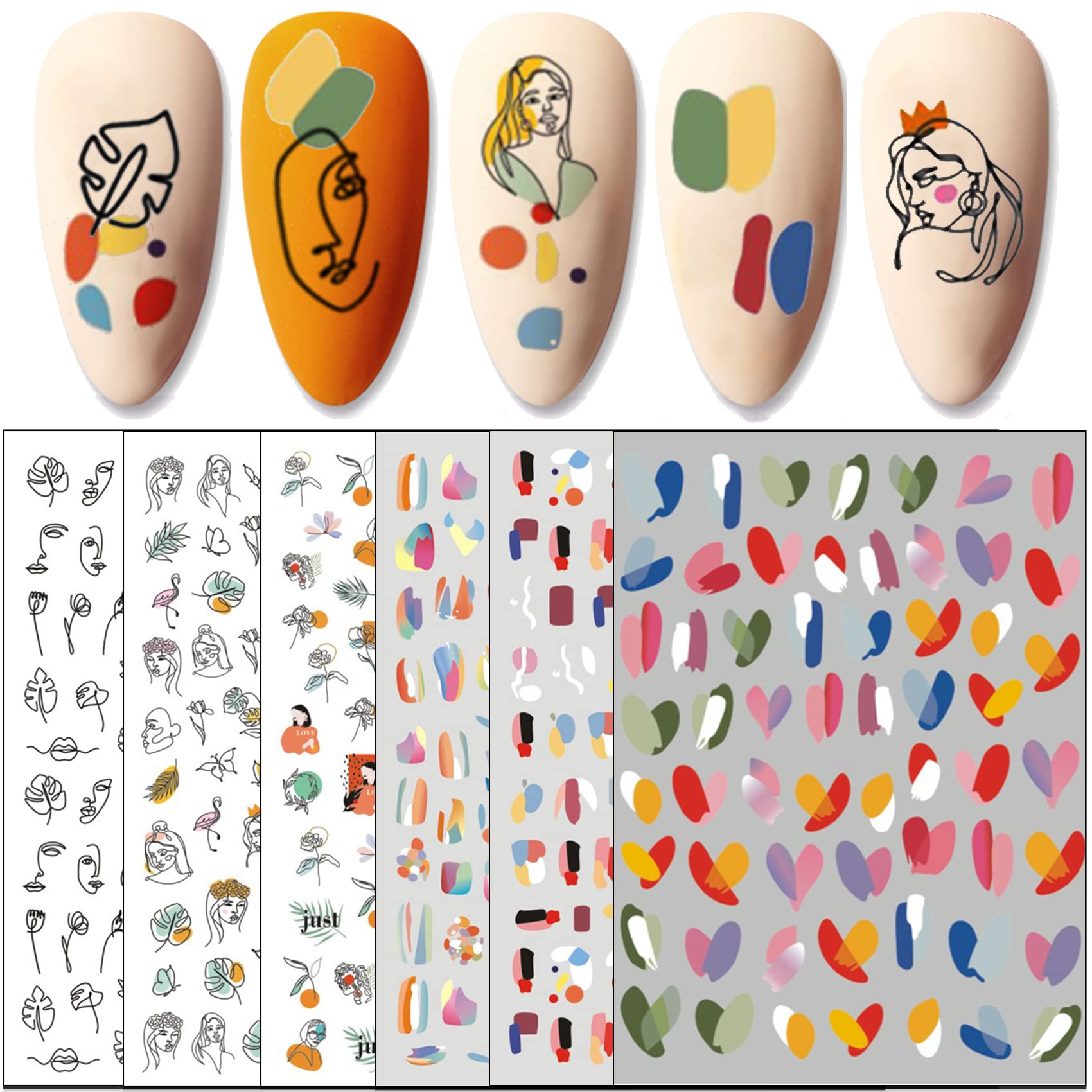 TailaiMei 12 Sheets Abstract Nail Art Stickers, Graffiti Fun Self-Adhesive Nail Decals, Minimalist Art Nail Decoration for Women