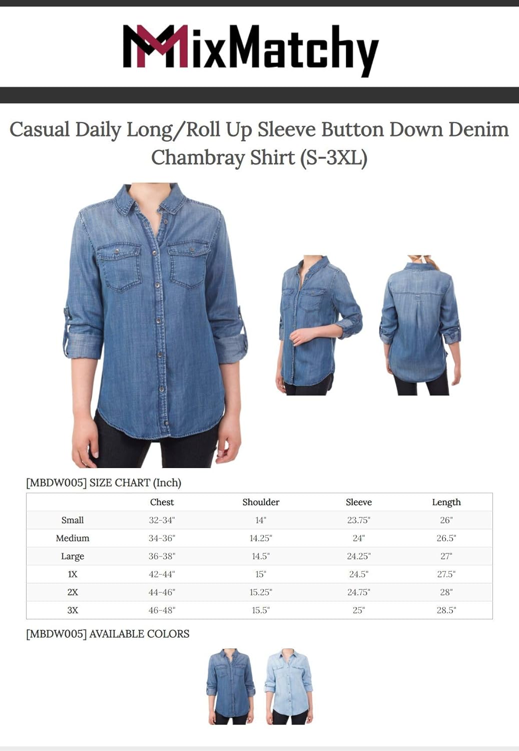 MixMatchy Women's Casual Daily Long/Roll Up Sleeve Button Down Denim Chambray Shirt (S-3XL) at  Women’s Clothing store
