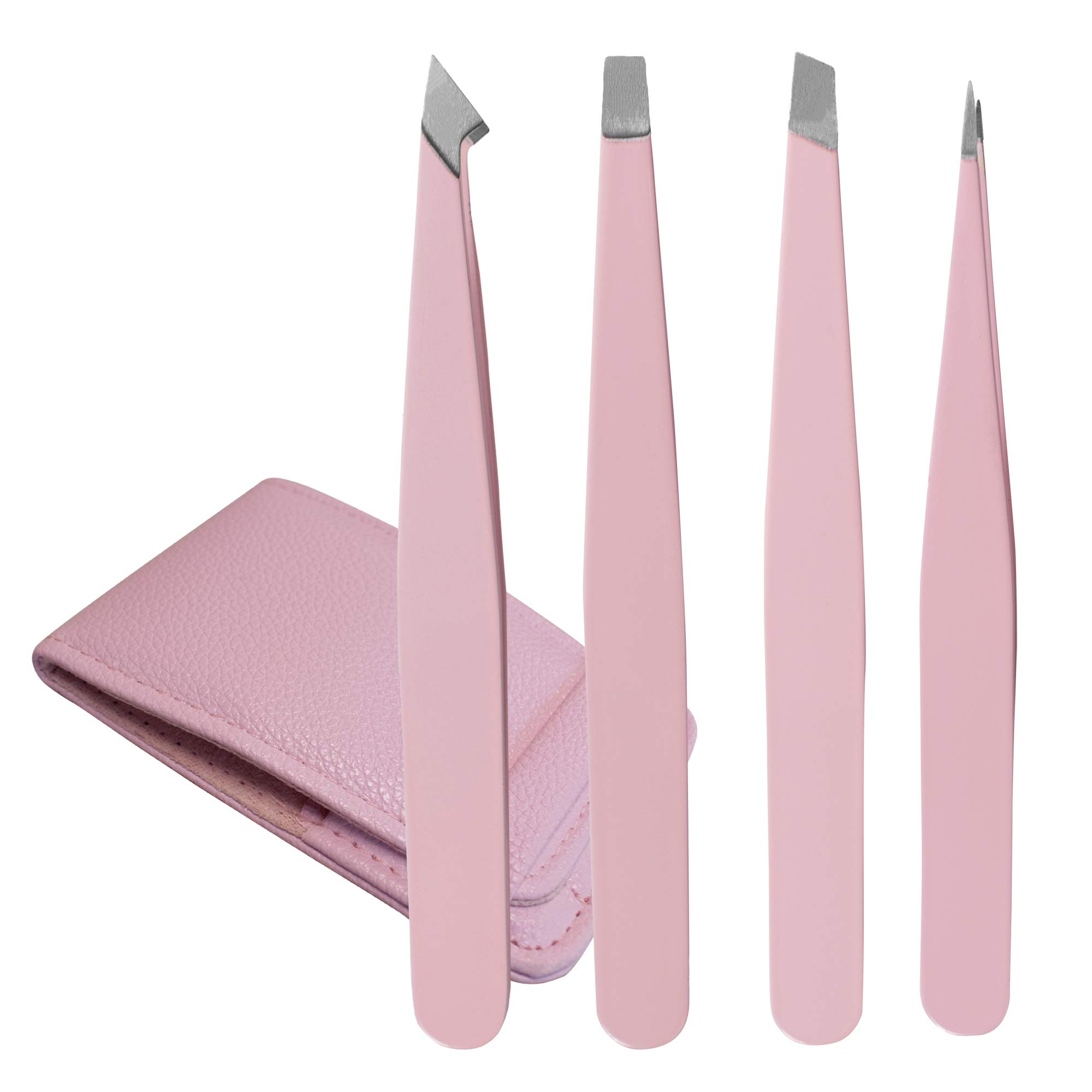 TRIXES 4 Piece Set of Eyebrow Tweezers - Assorted Pointed and Slanted Tips – with Protective Case for Stainless Steel -for Professional - Precision Hair Plucking