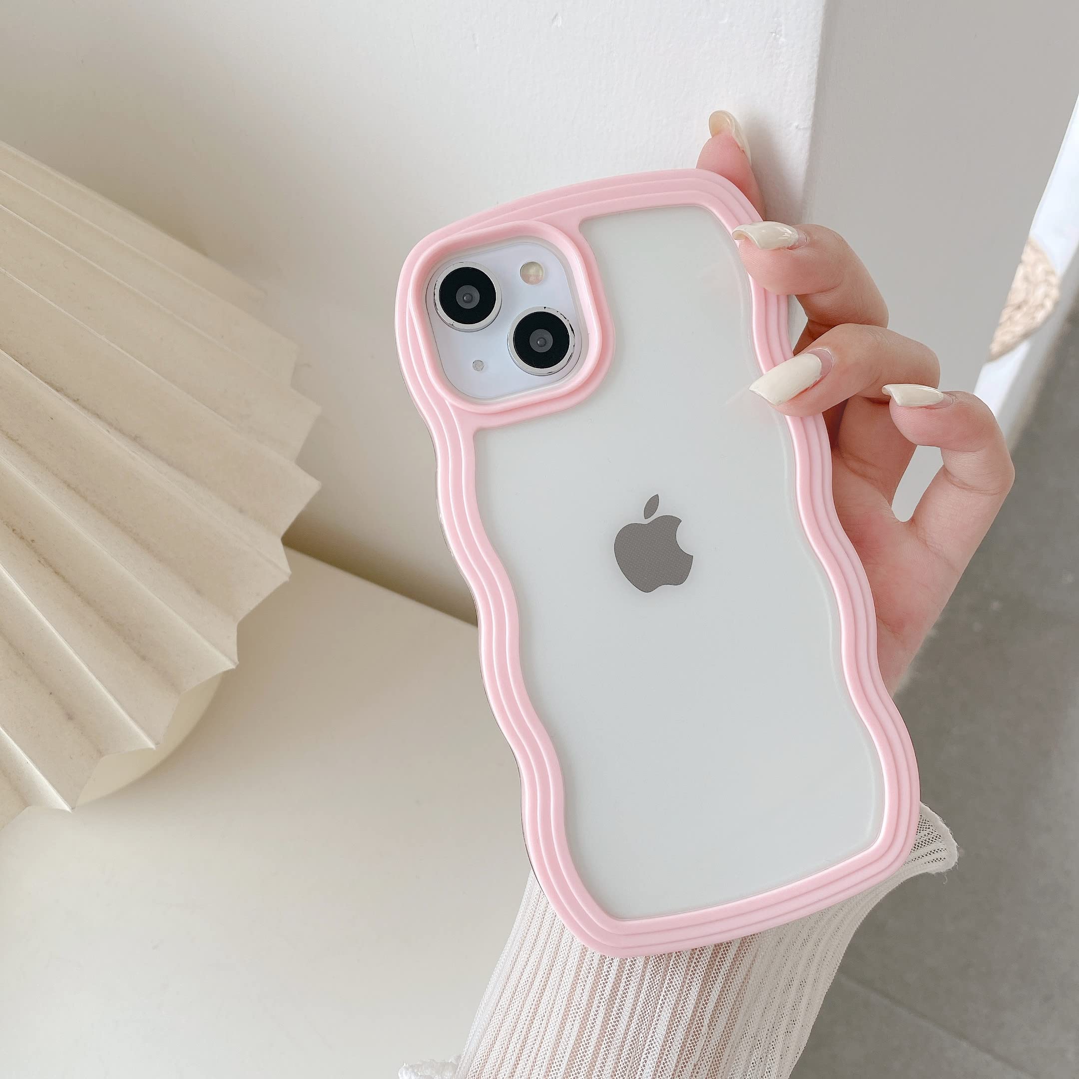 QLTYPRI Compatible with iPhone 15 Plus Case, Cute Curly Wave Frame Clear Case for Girls Women, Transparent Soft Silicone TPU Bumper Shockproof Protective Phone Cover for iPhone 15 Plus - Pink — image 1