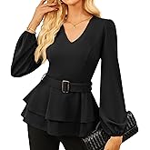 GRACE KARIN Women Work Peplum Tops,Long Sleeve Dressy Casual Blouses,V Neck Business Shirt Fall Outfits with Belt