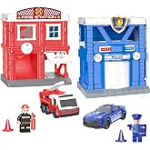 SOVYEN 2-in-1 Fire Station Playset and Police Station Playset with Figures | Pretend Policestation &amp; Firestation Playhouse Toy for Boy Doll House Include Fire Truck &amp; Police Car Dollhouses,Age 3 and Up