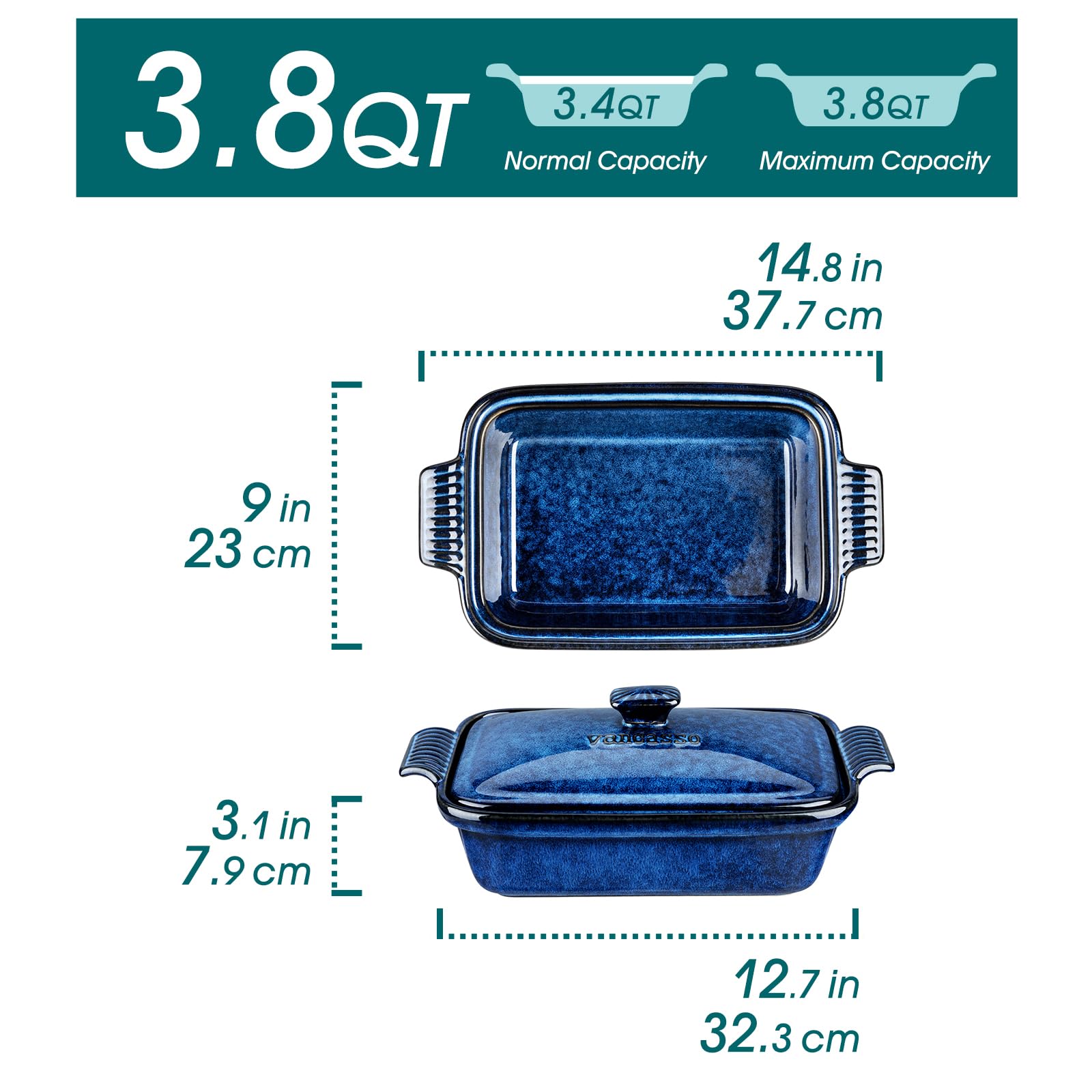 vancasso Starry 3.8 Quart Casserole Baking Dish, large lasagna pan with lid, 9x13 inch Stoneware casserole with lid, Microwave, Dishwasher Safe, Blue