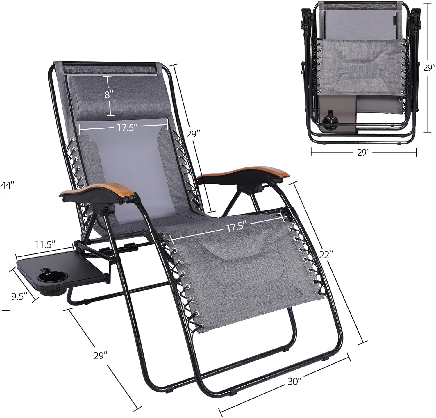 PORTAL Oversized Mesh Back Zero Gravity Recliner Chair, XL Padded Seat Adjustable Patio Lounge Chair with Lumbar Support Pillow and Side Table Support 350lbs (Dark Grey) : Garden & Outdoor