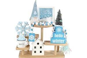 SYNCVIBE Winter Decoration for Home 8 PCS Tiered Tray Decor Set, Cute Christmas Blue Winter Decor for Home Shelf Fireplace Mantel Office Desk Indoor Centerpiece Snowflake Signs New Year Holiday Decorations Set