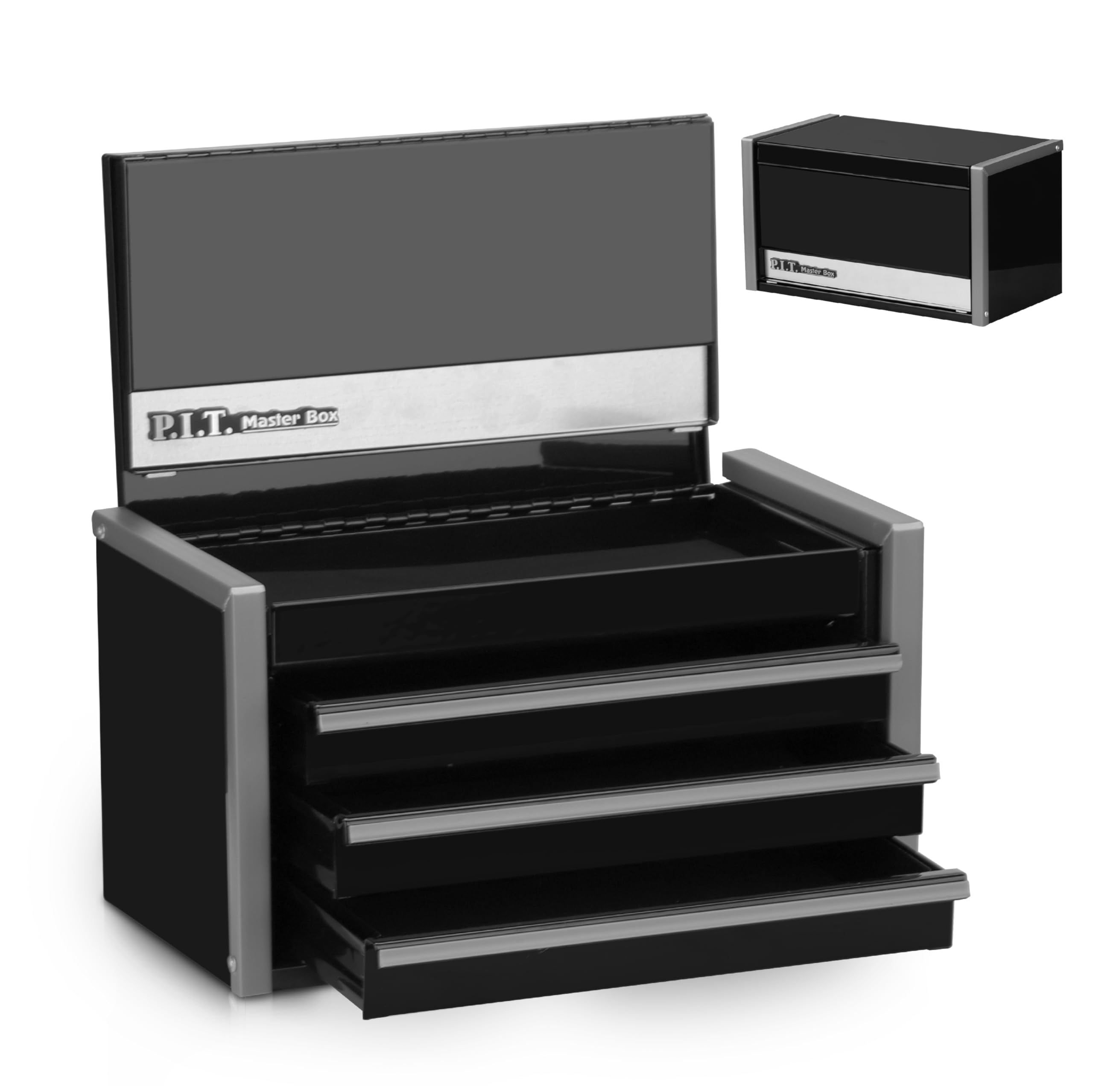 Photo 1 of **LID DAMAGED (WON'T CLOSE) *** P.I.T. Mini Black Tool Box, Portable 3 Drawer Steel Stackable Tool Box with Magnetic Tab Locking, Black Micro Top Chest with Liner for Tools Storage and Organizers, Home DIY