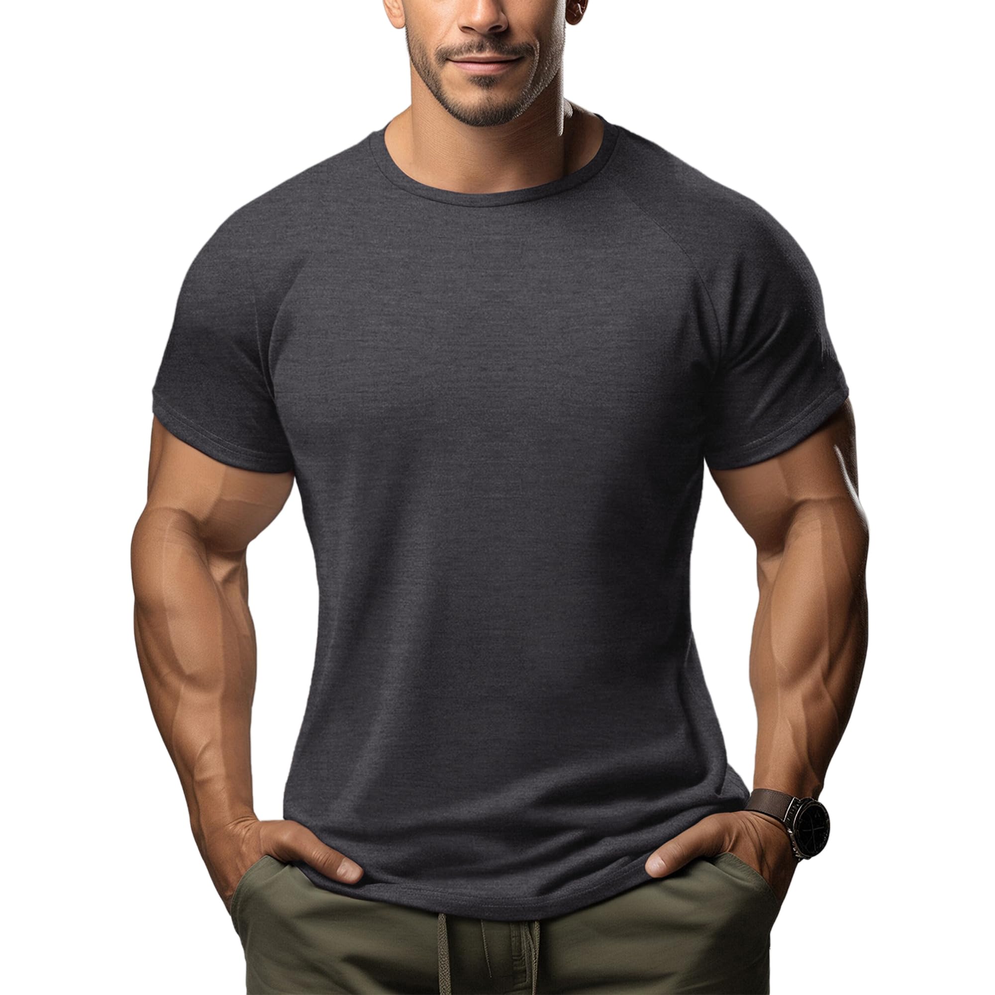 ineepor Merino Shirt Herren Slim Fit Extra lang Kurzarm Funktionsshirt Sportshirt Wandershirt UPF 50+ Kühlung Atmungsaktiv Schnelltrocknend Geruchshemmend Anti Schweiß Unterhemd, Gym Fitness Trekking