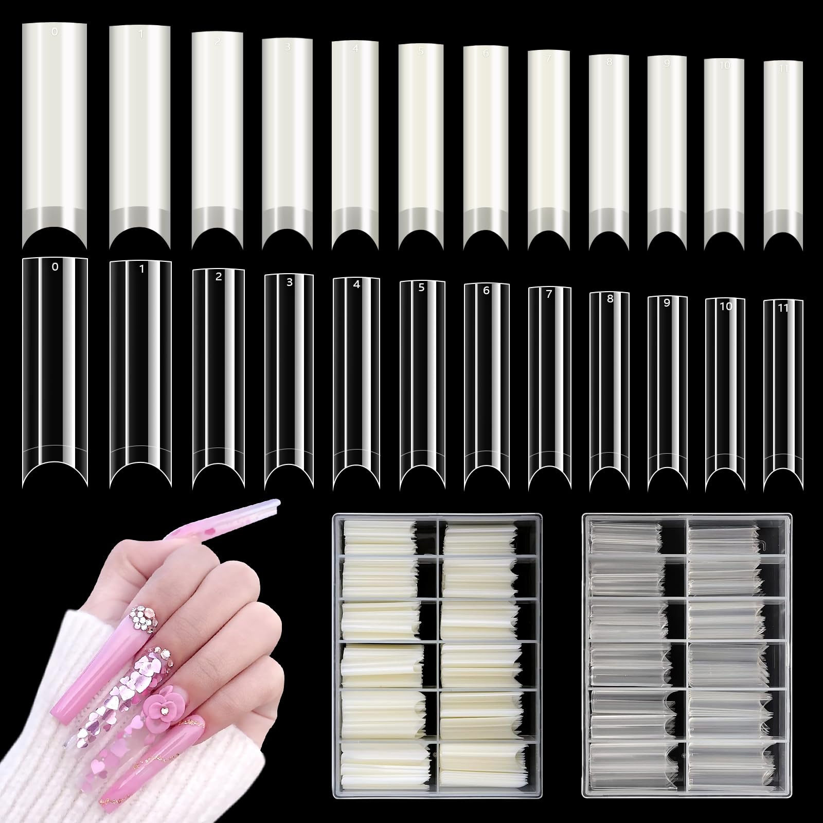 Adonafy Nail Tips for Acrylic Extensions: 480 Pcs Extra Long Acrylic Nail Tips for Women Girls - 12 Sizes No C Curve Square Tips for Salon Home Manicure, White/Clear