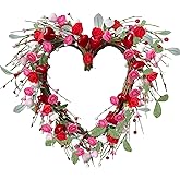 Valentines Day Wreaths for Front Door 17.7 Inch Heart Wreath with Roses Hearts Berries Handmade Grapevine Pink Wreath for Door Wall Home Wedding Party Gift Valentines Decorations