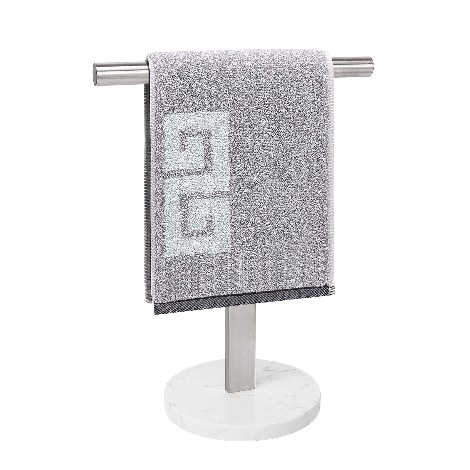 Photo 1 of NearMoon T-Shape Hand Towel Holder-Bath Towel Rack-Standing with Balanced Base Towel Bar for Bathroom Kitchen Vanity Countertop, Modern Stand Towel Ring with Marble Base (14 Inch, Brushed Nickel)