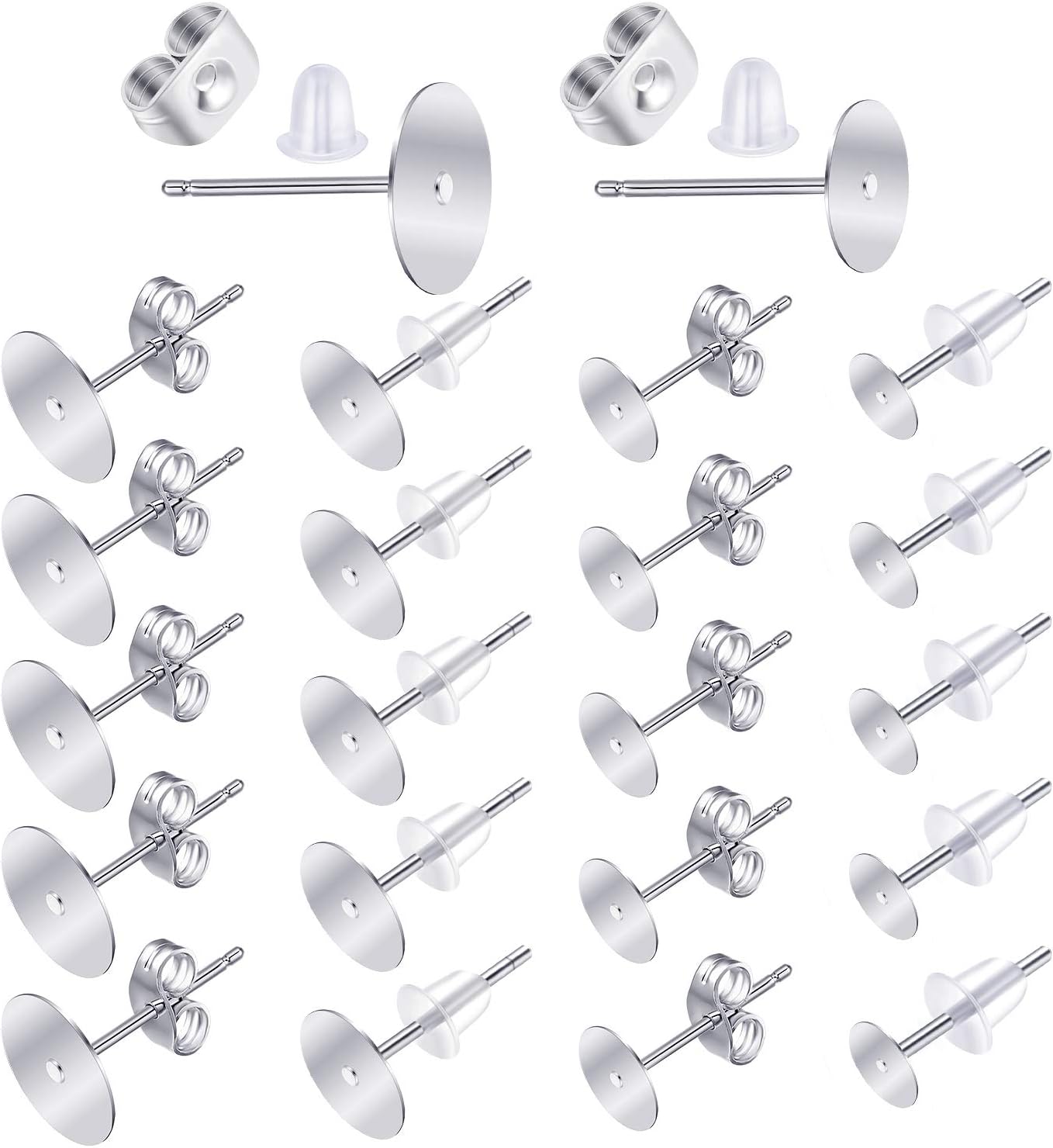 400 Pieces Stainless Steel Earring Posts 4 Size Flat Pad Earring Studs