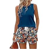 SOLY HUX Women's 2 Piece Summer Vacation Outfits Sleeveless Tank Tops and Floral Shorts Set
