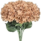 Subacy 6 PCS Artificial Hydrangea Flowers, Faux Silk Hydrangea with Long Stems, Home Wedding Decor, Table Centerpieces, Party Decorations(Caramel)