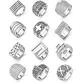 KISS WIFE Cool Rings Set for Women, Vintage Silver Punk Rings Bulk, Gothic Chunky Knuckle Emo Stackable Finger Ring Pack Western Jewelry Gift for Her