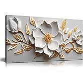 Canvas Wall Art for Living Room Bedroom Office White and Gold Flower Artwork Large Botanical Floral Wall Art Framed Wall Decor Modern Canvas Prints 20x40 In
