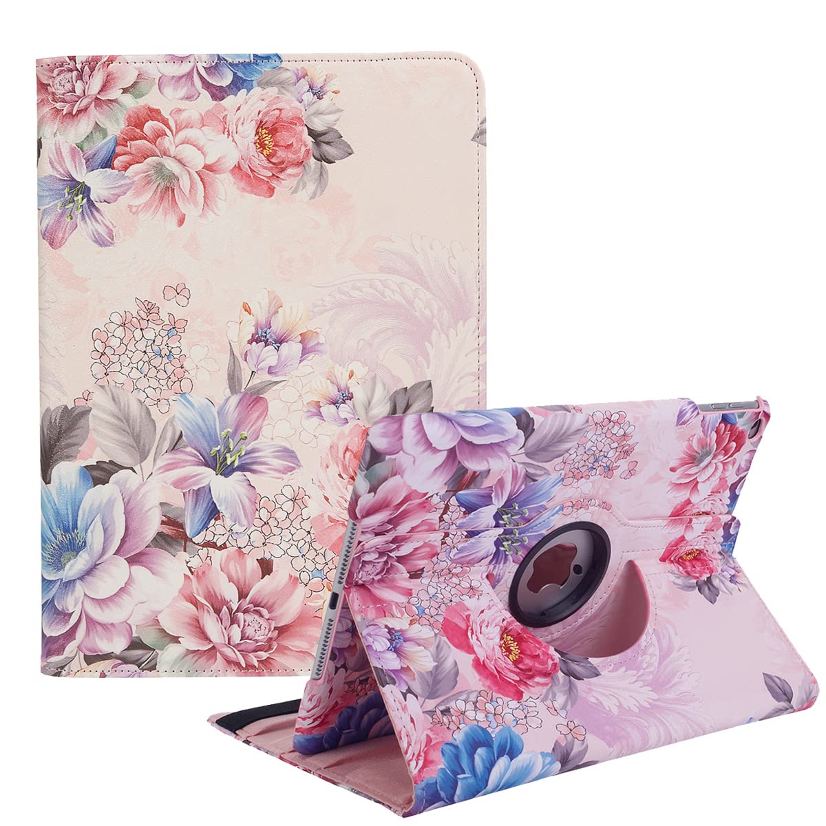 Xsltkby Rotating Case for iPad 9.7 inch 6th Gen, 5th Gen / Air 2 - 360 Degree Stand Protective Cover with Auto Sleep Wake 2018 2017 (Peony flower)