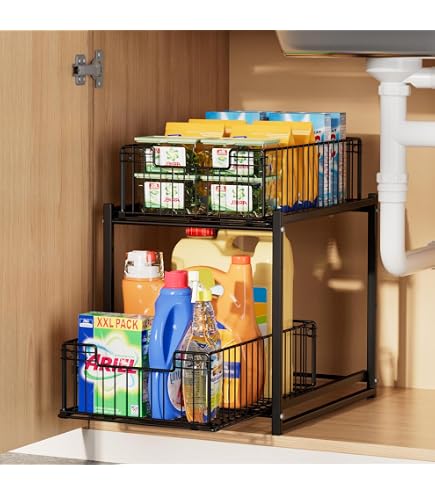 Under Sink Organizer, 2-Pack Pull-Out Drawer Shelves, 5 Height Adjustable Metal Storage Trays For Kitchen & Bathroom Cabinets