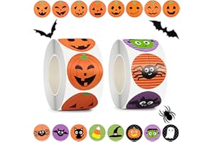 Halloween Stickers for Kids, 1000 Pcs Byhoo Halloween Pumpkin Bat Spider Stickers Roll, 16 Vibrant Colors and Designs, Round Seal Label Stickers, Envelope Seals Paster for Halloween Party Decorations