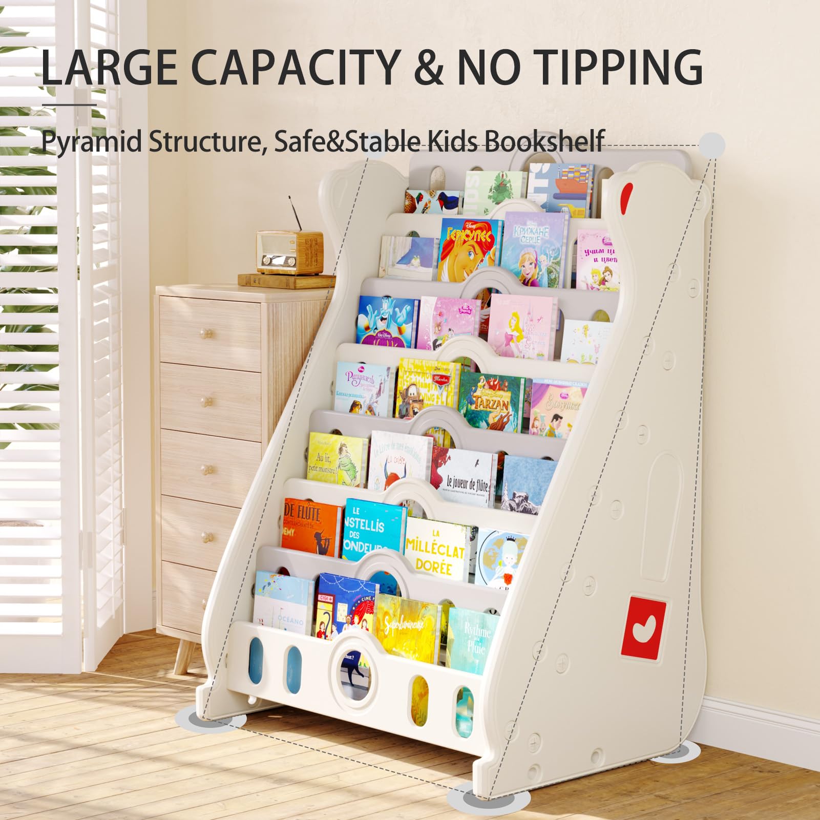 Deer COCO Kids Bookshelf for Toddlers, 7 Tier White Bookcase for Kids Bedroom/Nursery/Classroom, Corner Bookshelf Book Storage Organization Montessori Baby Book Storage Shelf (Grey-7-Tier Bookcase)