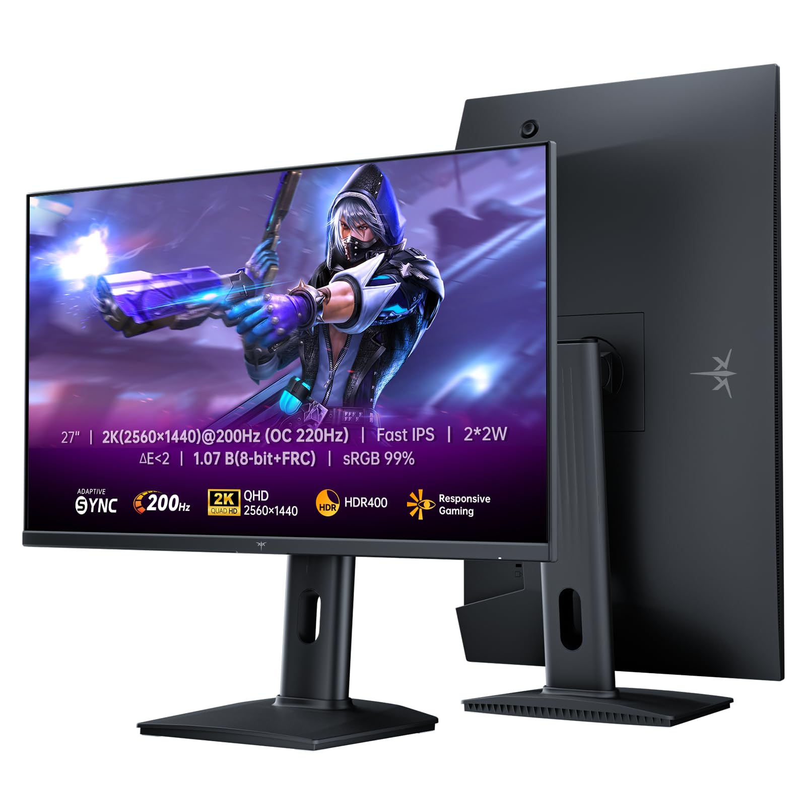 KTC Gaming Monitor 27 Zoll, QHD 2560×1440, 200Hz (OC 210Hz), Fast IPS, 1ms Reaktionszeit, HDR400, Adaptive Sync, 10-Bit Farbe, Höhenverstellbarer Stand, 2×DP 1.4, 2×HDMI
