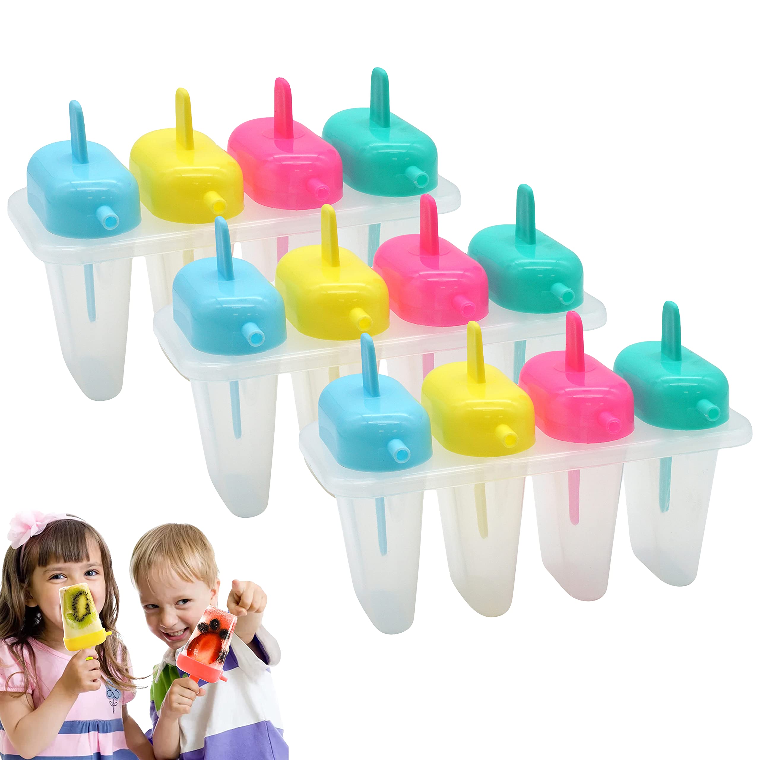 12Pcs Reusable Ice Lolly Moulds with Sticks for Kids, Plastic Ice Cream Mould Set, Homemade Popsicle Maker for Frozen Juice Treats, BPA-Free Ice Pop Accessories 16CM