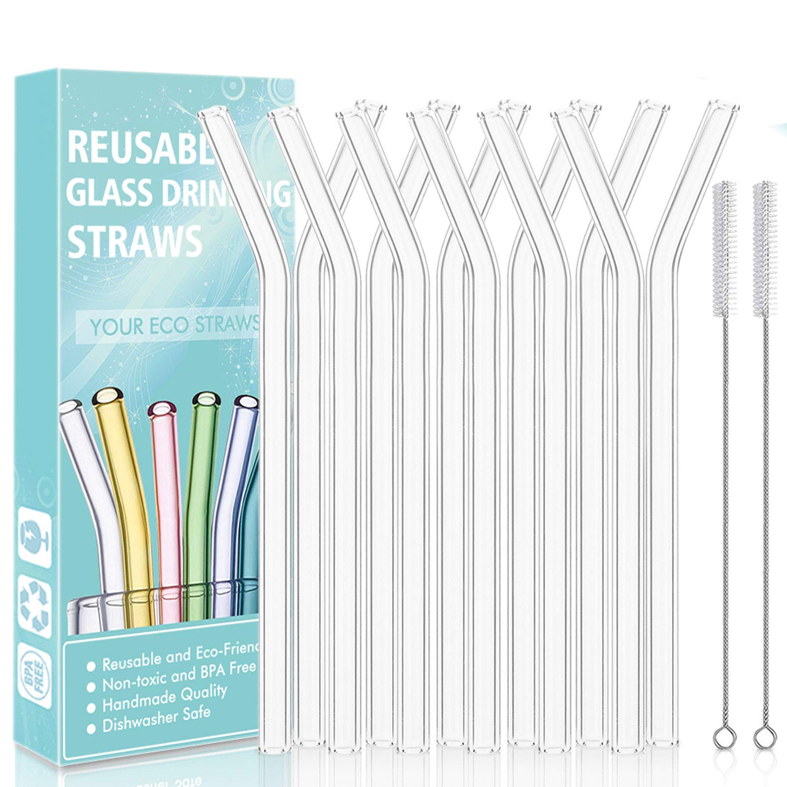 Reusable Bent Glass Drinking Straws,Set of 12 Bent Straws with 2 Cleaning Brushes,Shatter Resistant,Non-Toxic,Eco Friendly Reusable Straws (Transparent 12 Pack)