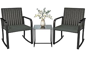 Outsunny 3 Pieces Patio Furniture Rocking Bistro Set Outdoor Wicker Rocking Chairs with Cushions, Glass Coffee Table, Outdoor