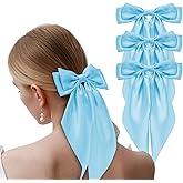 3PCS Large Hair Bows for Women Oversized Long Tail Bow Hair Clips Satin Ribbon Bow Hair Barrettes Ponytail Holder Bowknot Vintage Hair Accessories for Girls Teens (Sky Blue Tisbonsy Hair Bows)