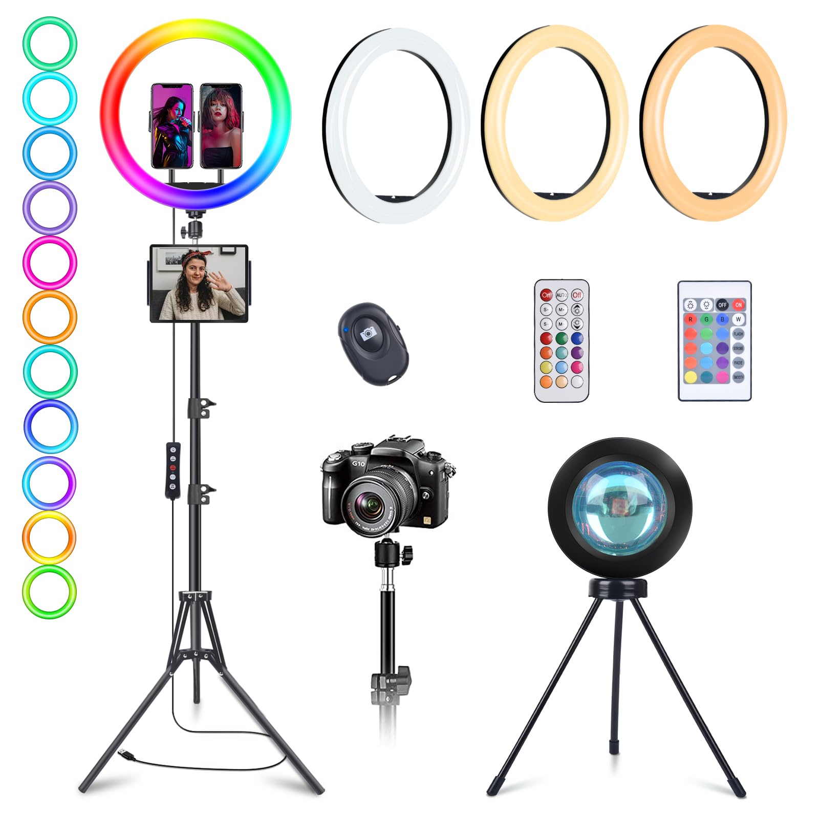 Photo 1 of 13" RGB Selfie Ring Light with Stand 76" Tall & 2 Phone Holders, Tablet Holder, Sunset Lamp & 51 Color Modes, Desk Tripod, 12 Dimming Levels Halo Light, LED Camera Ringlight for iPhone/TikTok/YouTube