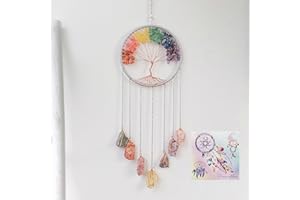 DREAMSUM Tree of Life Dream Catchers with Crystal 7 Chakra Gemstone Dream Catchers Color Natural Gem Raw Stone Wall Hangings Room Garden Dreamcatchers Decor(Silver)