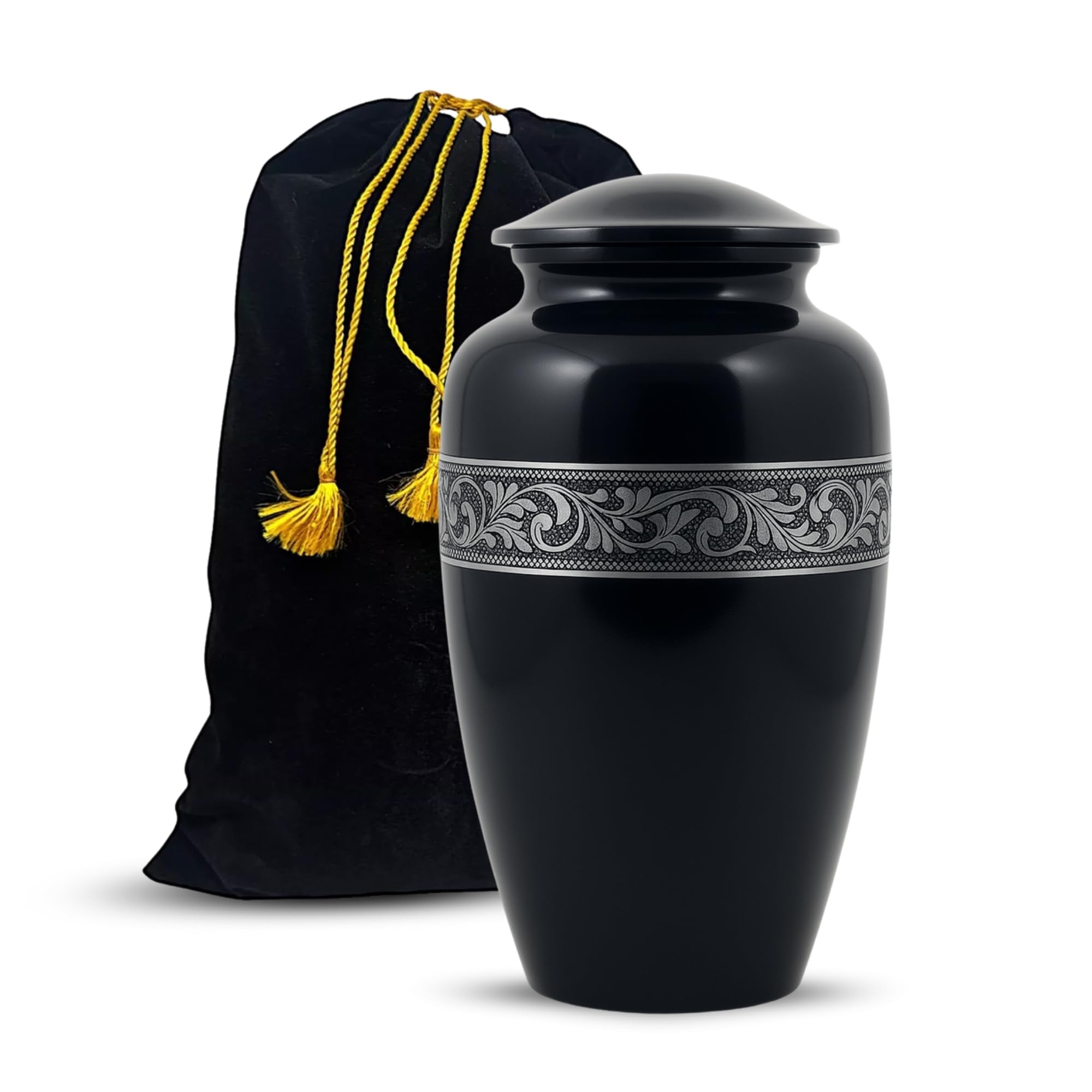 Silver Engraved Aluminium Cremation Urn for Human Ashes | with Threaded Lid & Felt Base | Elegant Memorial Urn with Carry Bag Included (Black, 6.5" x 6.5" x 10.5" - 200lbs or 91kg)