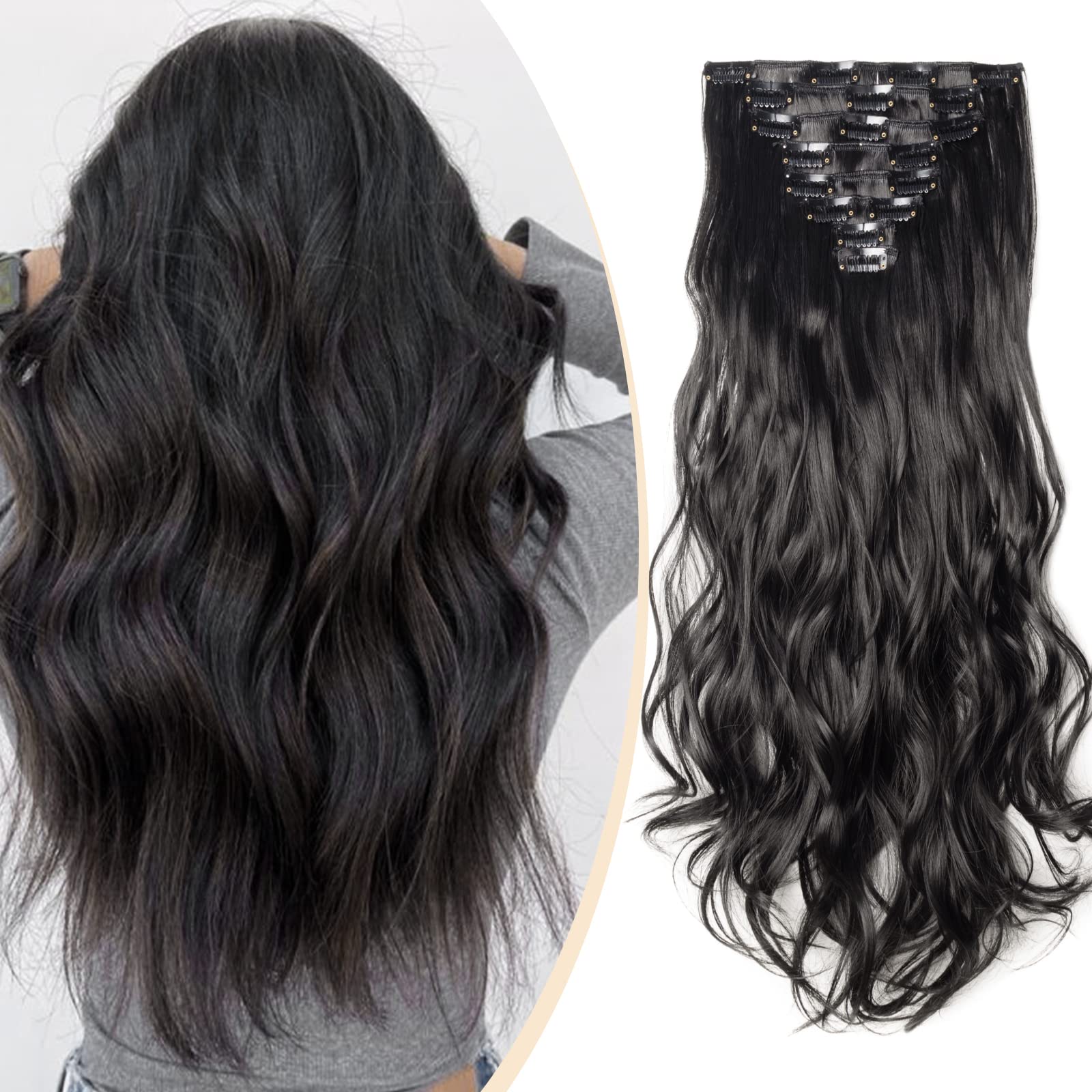 S-noilite 17-26 Inches(43-66cm) 8pcs Long Full Head Clip In Hair Extensions Extension Sexy Lady Fashion Choice 60 Colours (17 Inches-Curly, Natural Black)