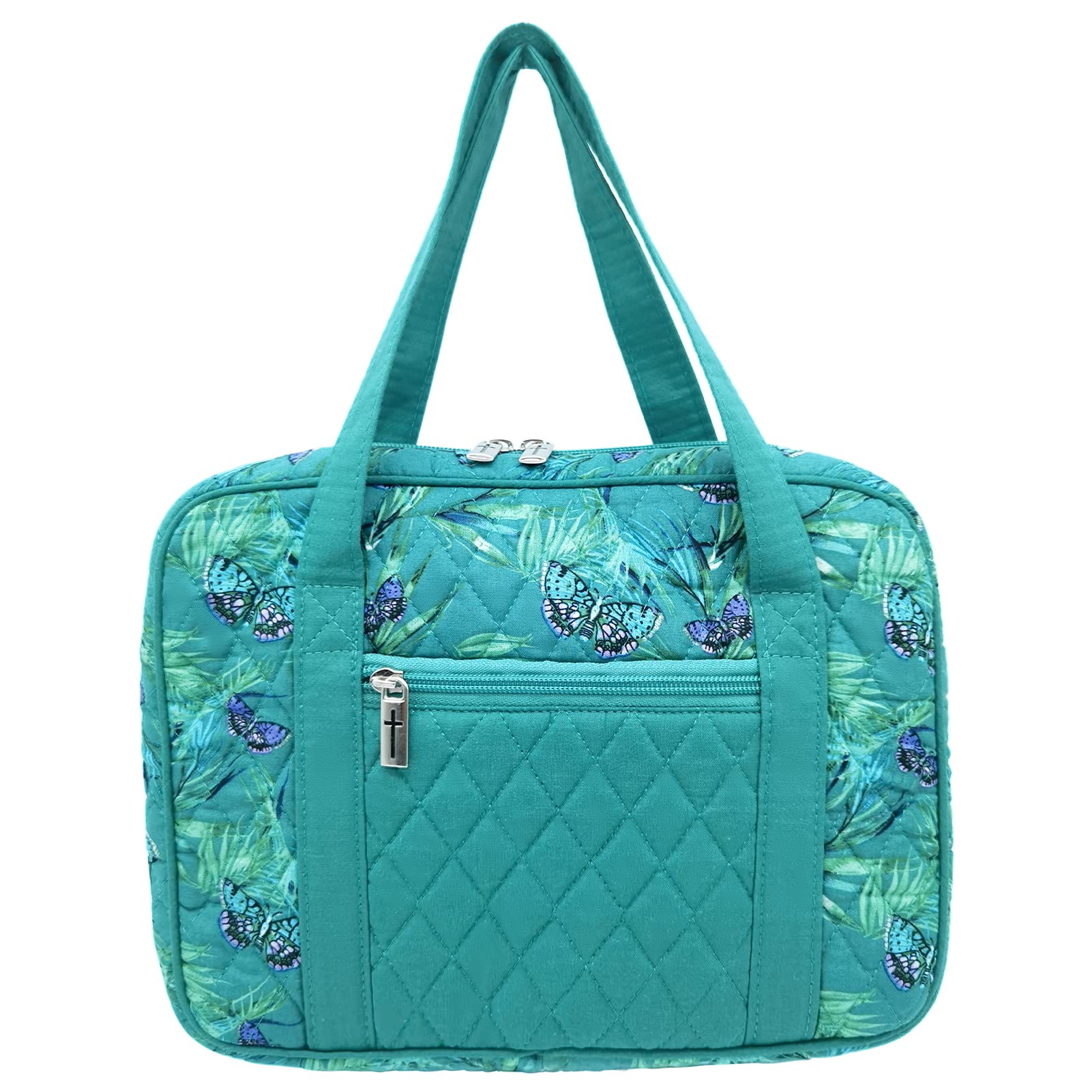 DIWI Quilted Bible Cover Extra Large Sizes 11.25 X 8.25 X 2.75 Inches Bible Tote Good Book Case Teal Color (XL, C2 Butterfly Green)