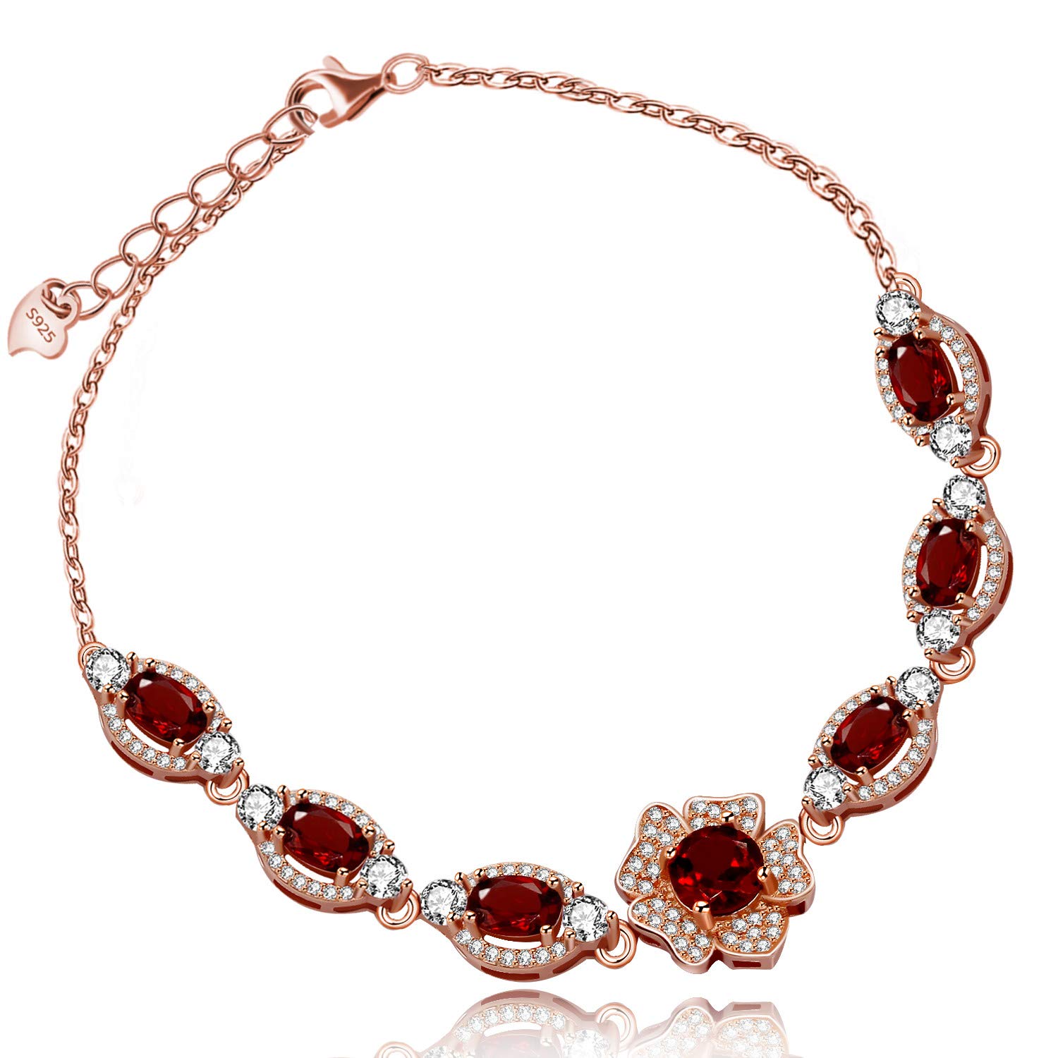 Uloveido Dainty 7 Stone Natural Red Garnet Bracelet Flower Design Rose Gold Plated 925 Sterling Silver Chain Bracelet January Birthstone Bracelet Gifts Idea for Women Girlfriend Mom FB063