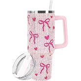 JarThenaAMCS Valentine's Day Pink Bow Tumbler with Lid and Straw 40oz Rhinestone Bowknot Heart Tumbler with Handle for Women Girls Stainless Steel Cup for Home Office Travel Gift