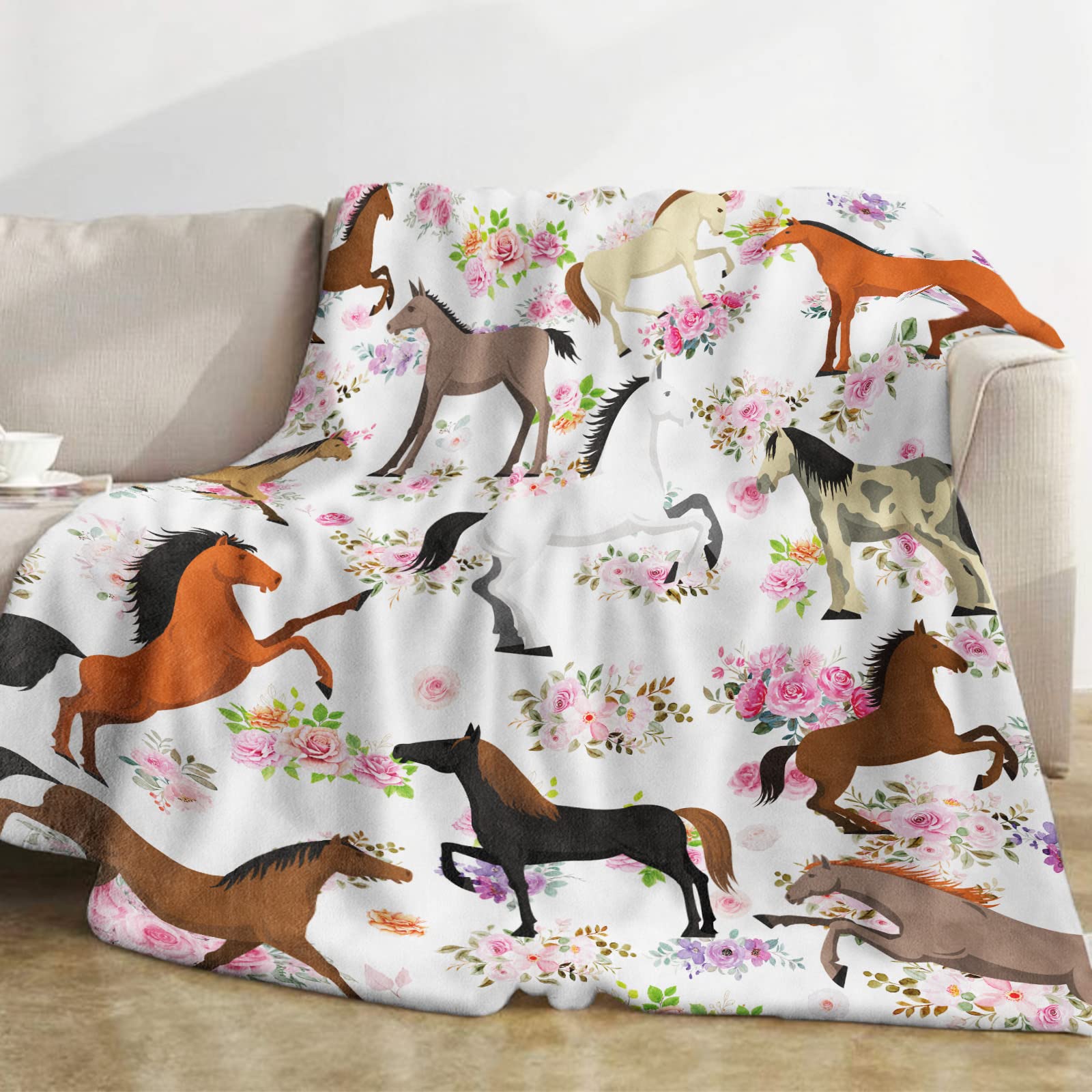 Domgoge Horse Blanket , Horse Blanket , Soft Cozy Horse Fleece Blanket Throw Flower Floral, Fluffy Fuzzy Flannel Blankets Teen Daughter Gifts Sofa Couch Bed Decor, 130x152cm, Horse-white Pink