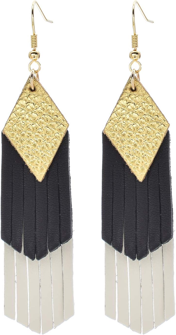 Geometric Genuine Leather Layered Tassel Earrings for Women Metallic Color Multilayer lightweight Long Leather Earring