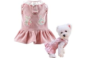 Dog Harness Dress with Leash Ring Rabbit Print Princess Pet Skirt Cat Apparel Puppy Clothes for Small Medium Dogs Girl Doggy 