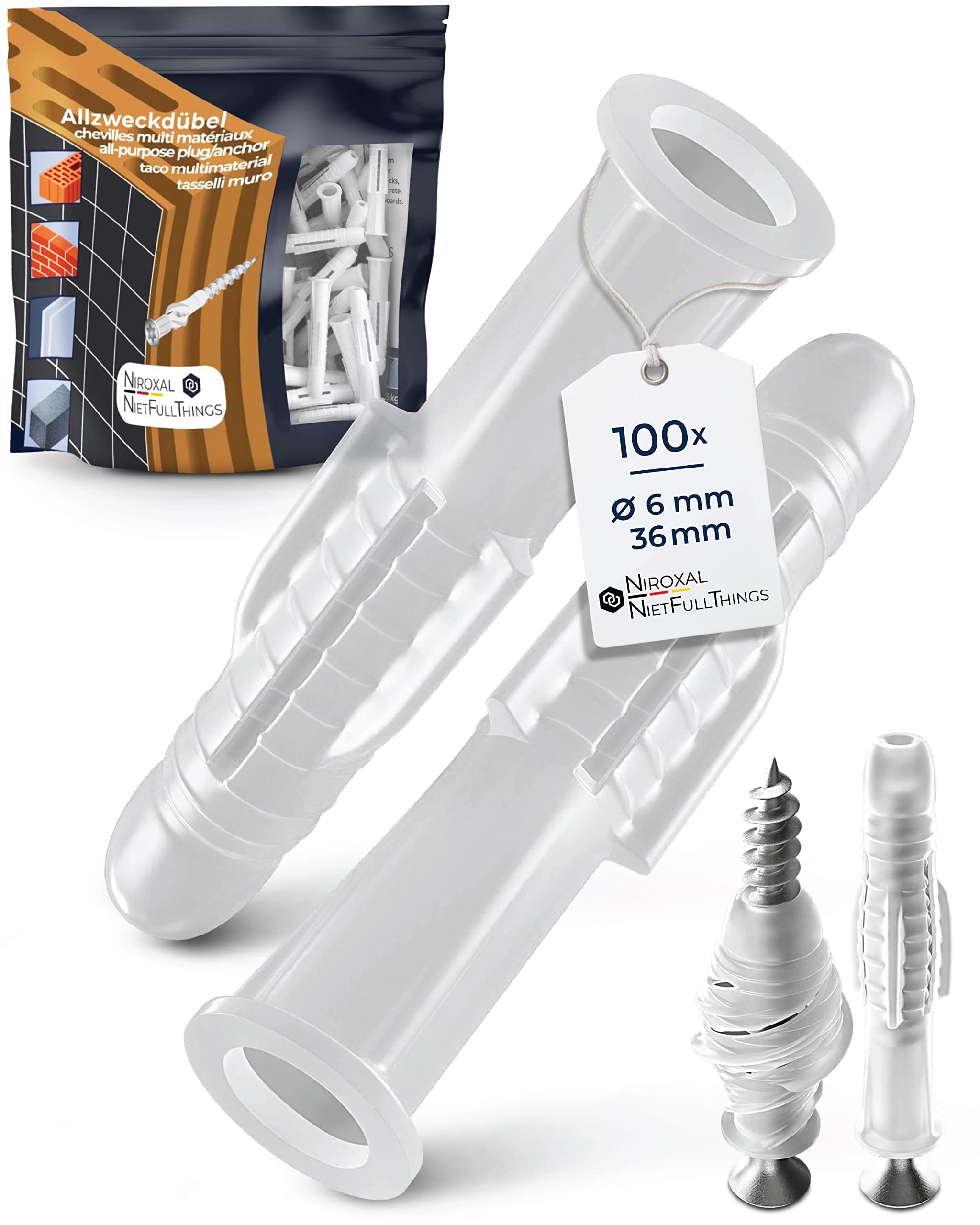 Wall Plugs 6 mm Rawl Plugs for 4.5-5 mm Screws Pack of 100 Universal Wall Fixings with Collar for Concrete Brick Plasterboard NietFullThings