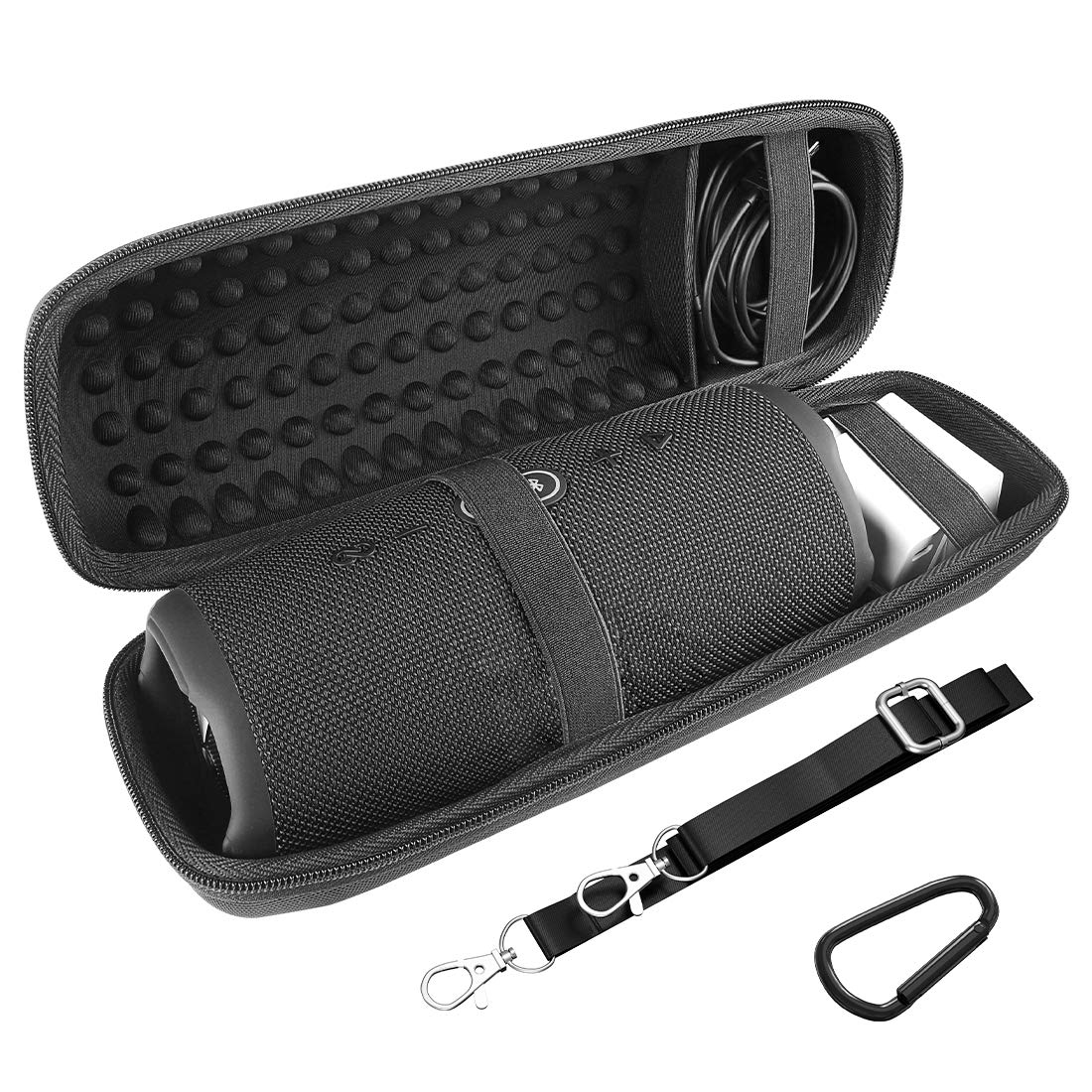 Geekria Shield Speaker Case Compatible with JBL Charge 5, Charge 4 Portable Bluetooth Speaker, Replacement Hard Shell Travel Carrying Bag with Cable Storage, Keychain Carabiner (Black)