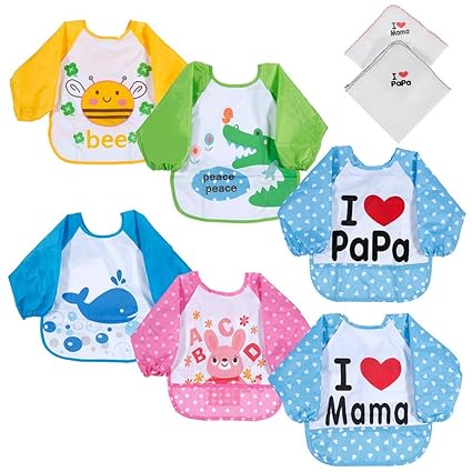 Lictin 6 Set Lätzchen mit Ärmeln Baby Lätzchen Ärmellätzchen Wasserdicht mit 2 Taschentücher für Baby