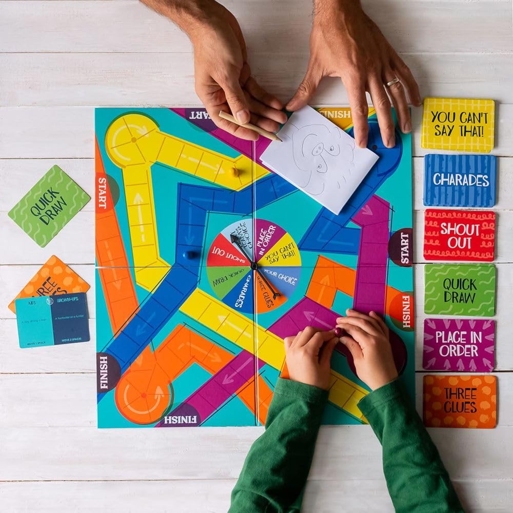 Talking Tables Kids vs Adults Family Board Game for Christmas | 6x Classic Party Games Night - Children's Charades, Drawing, 3 Clues, Shout Out Trivia Questions, Age 9+